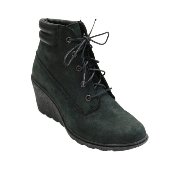 Timberland Amston Black Suede Wedge Heel Boots Womens Sz 7 Lace Up Ankle Booties - Picture 2 of 12